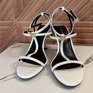 Aldo White T-Strap Heeled Sandals with Gold Accents